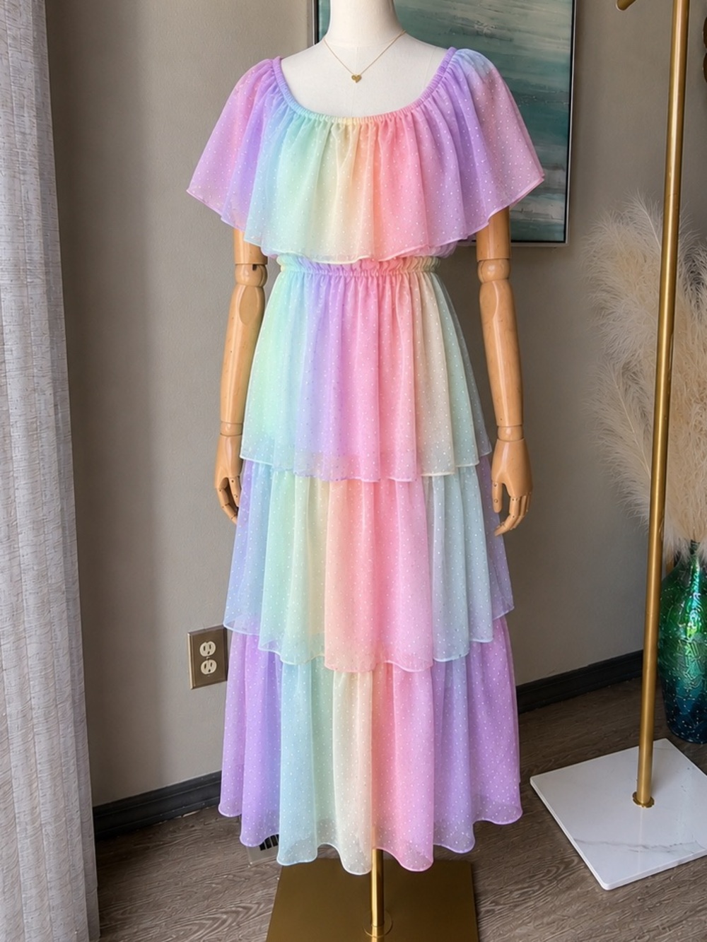 NWT Etccy Pastel Rainbow Tiered Off-Shoulder Maxi Dress 🌈 - Picture 2 of 8